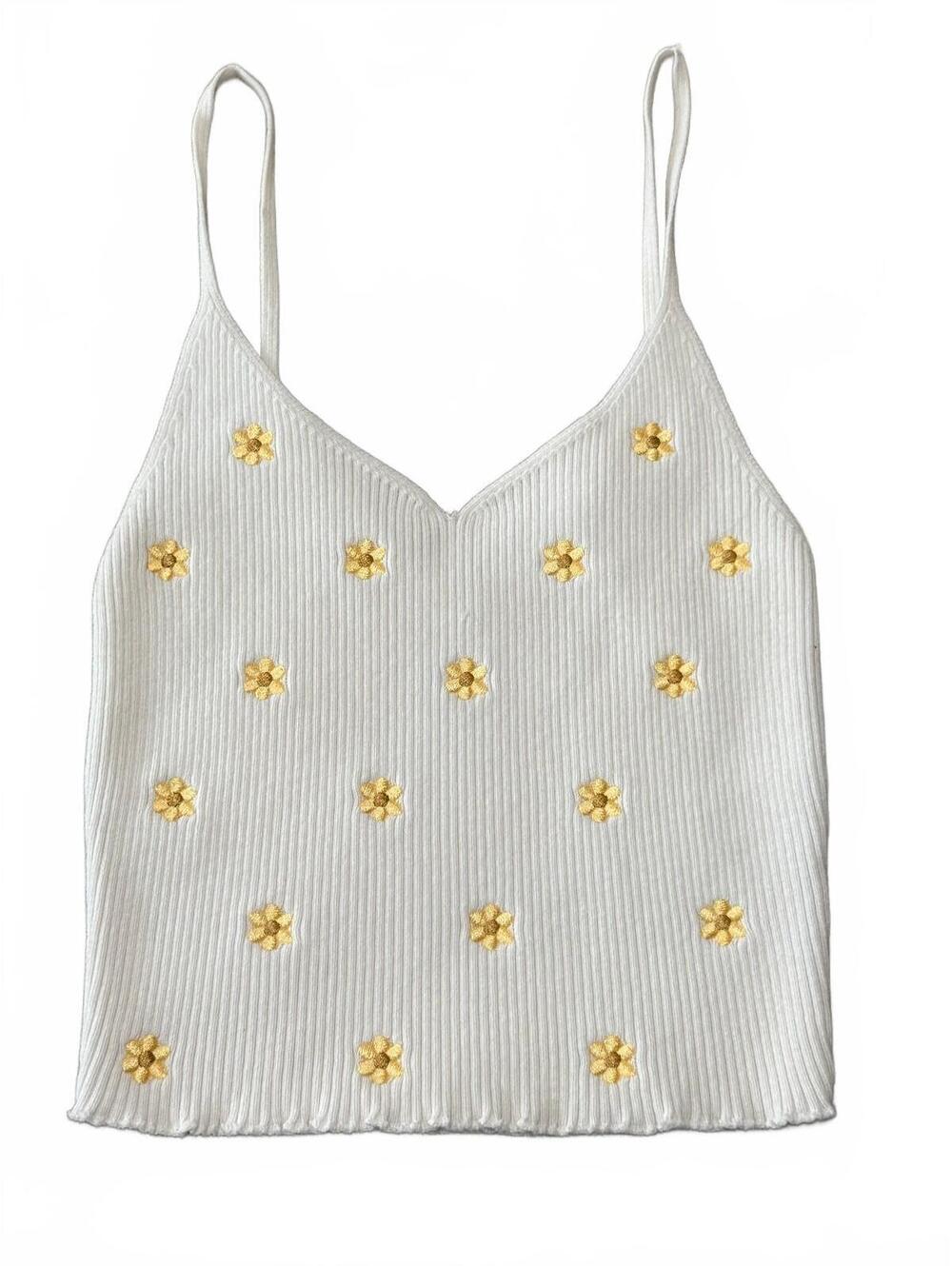 L.A. Hearts White Ribbed Knit Floral Embroidered Spaghetti Strap Tank Top XS